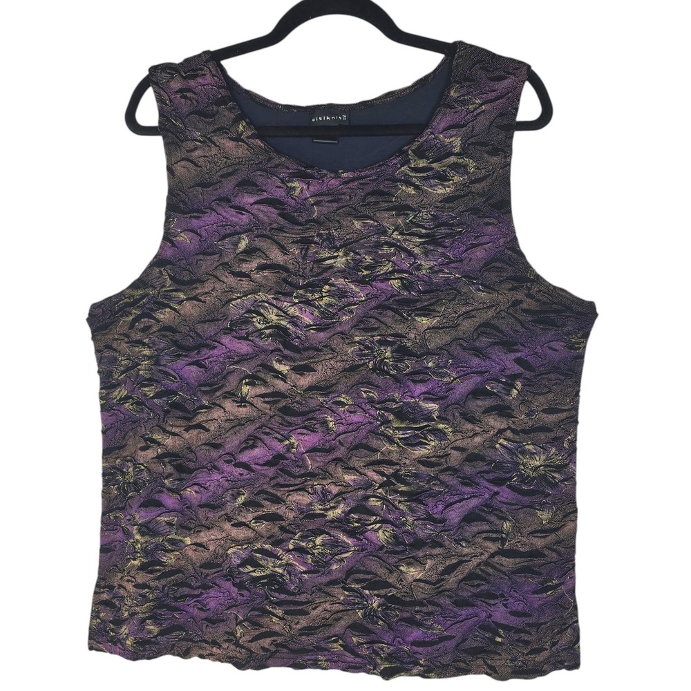 Citiknits Womens Purple Gold Abstract Floral Textured Sleeveless Tank Top XL